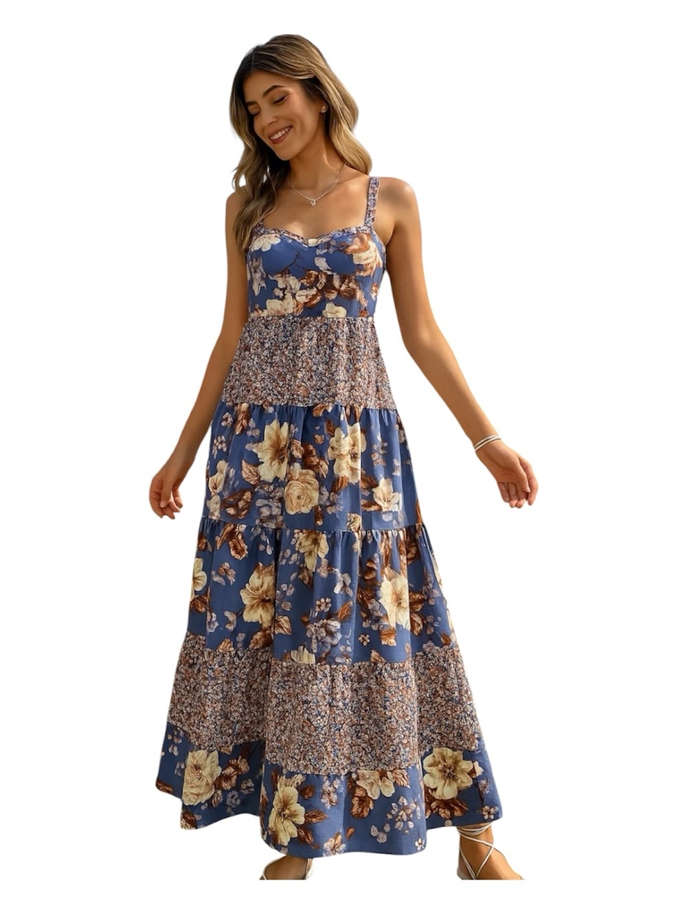 Band of Gypsies Blue Floral Tiered Maxi Dress